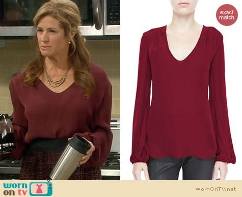 Last Man Standing Fashion: L'Agence Ruched Shoulder Blouse in burgundy worn by Nancy Travis