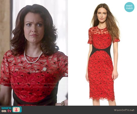 Lela Rose Fitted Lace Sheath Dress worn by Mellie Grant (Bellamy Young) on Scandal