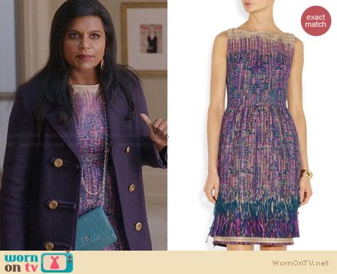 Lela Rose Fringed Tweed Dress worn by Mindy Kaling on The Mindy Project