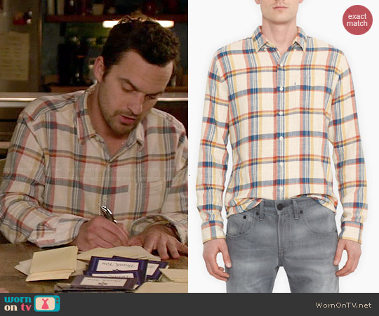 Classic One-Pocket Shirt in White Plaid worn by Nick Miller (Jake Johnson) on New Girl