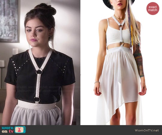 Lip Service Fall From Grace Harness Skirt worn by Aria Montgomery (Lucy Hale) on Pretty Little Liars