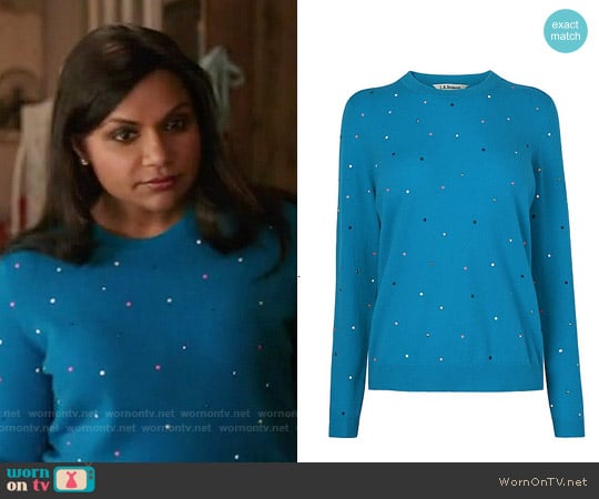 LK Bennett Jade Blue Embellished Knit Jumper worn by Mindy Lahiri (Mindy Kaling) on The Mindy Project