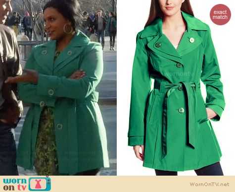 London Fog Double Collar Trench Coat in Green worn by Mindy Kaling on The Mindy Project