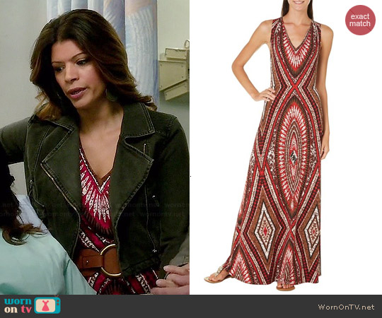 London Times Toffee Printed V-neck Maxi Dress worn by Andrea Calvano on Jane the Virgin