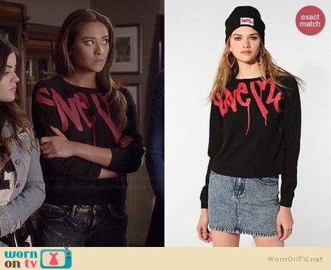 Love Me by Curtis Kulig Graffiti Sweatshirt worn by Shay Mitchell on PLL