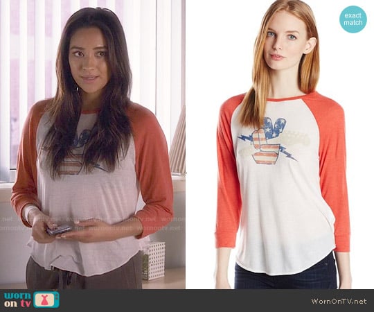 Lucky Brand Fender Rock Raglan Tee worn by Emily Fields (Shay Mitchell) on Pretty Little Liars