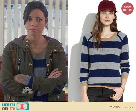 Madewell Simple Cashmere Waffle Sweater in Stripe worn by Aubrey Plaza on Parks & Rec