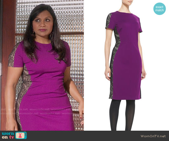 Magaschoni Lace-Panel Ponte Sheath Dress worn by Mindy Lahiri (Mindy Kaling) on The Mindy Project