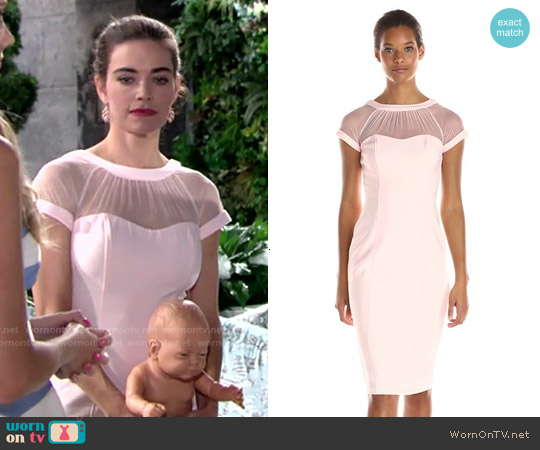 Maggy London Illusion Yoke Crepe Sheath Dress in Blush worn by Victoria Newman (Amelia Heinle) on The Young and the Restless