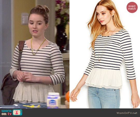 Maison Jules Three-Quarter-Sleeve Striped Ruffled Top worn by Eve Baxter (Kaitlyn Dever) on Last Man Standing