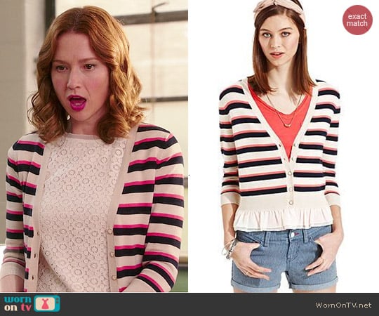 Maison Jules Striped Ruffle Cardigan worn by Kimmy Schmidt (Ellie Kemper) on Unbreakable Kimmy Schmidt