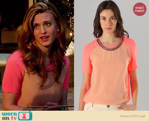 Maje Color Block Top with Chain Collar worn by Brooke D'Orsay on Royal Pains