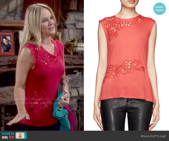 Maje Elan Leaf Cutout Top worn by Sharon Newman (Sharon Case) on The Young and the Restless