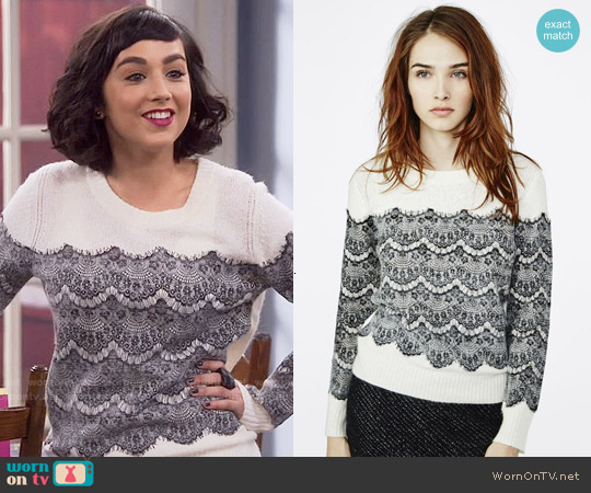 Maje Mesh Sweater with Applied Lace worn by Mandy Baxter ( Molly Ephraim) on Last Man Standing