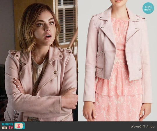 Maje Pink Leather Jacket worn by Aria Montgomery (Lucy Hale) on Pretty Little Liars