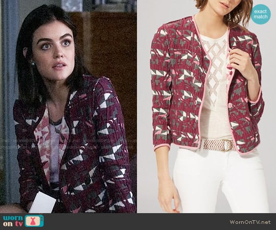 Maje Reversible Jacquard Jacket worn by Aria Montgomery (Lucy Hale) on Pretty Little Liars