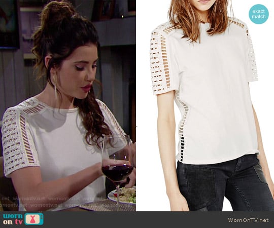 Maje Titre Embroidered Cutout Tee worn by Steffy Forrester (Jacqueline MacInnes Wood) on The Bold and the Beautiful