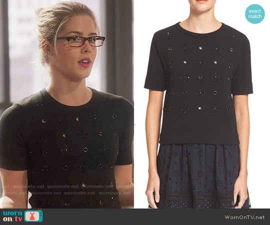 Marc by Marc Jacobs 'Anja' Embellished Merino Wool Blend Sweater worn by Felicity Smoak (Emily Bett Rickards) on Arrow