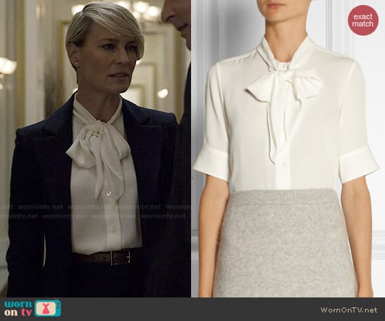 Marc Jacobs Pussy Bow Silk Crepe Blouse worn by Claire Underwood (Robin Wright) on House of Cards