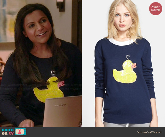 Markus Lupfer Hook A Duck Sequin Sweater worn by Mindy Kaling on The Mindy Project