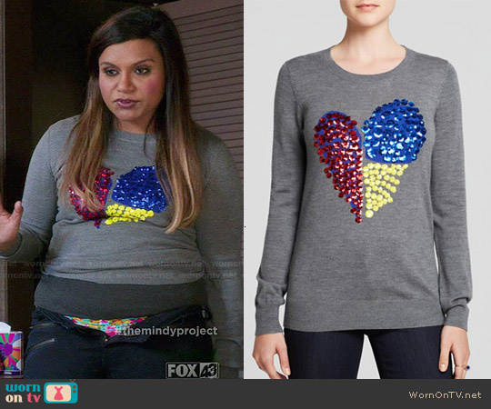 Markus Lupfer 'Natalie' Sequin Heart Sweater worn by Mindy Lahiri (Mindy Kaling) on The Mindy Project