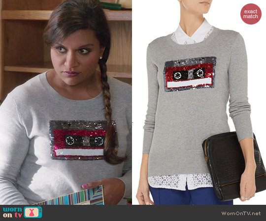 Markus Lupfer Retro Tape Embellished Sweater worn by Mindy Kaling on The Mindy Project