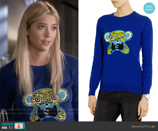 Markus Lupfer Speak No Evil Monkey Sweater worn by Hanna Marin (Ashley Benson) on Pretty Little Liars