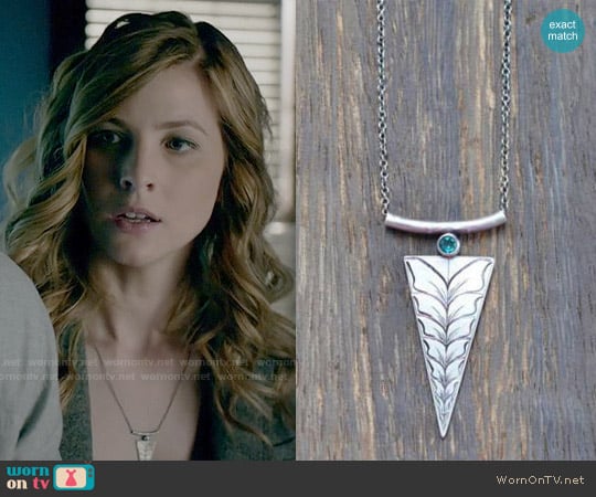 megangoldkamp Abstract Leaf on Elongated Triangle with Green Garnet Necklace worn by Valerie Tulle (Elizabeth Blackmore) on The Vampire Diaries