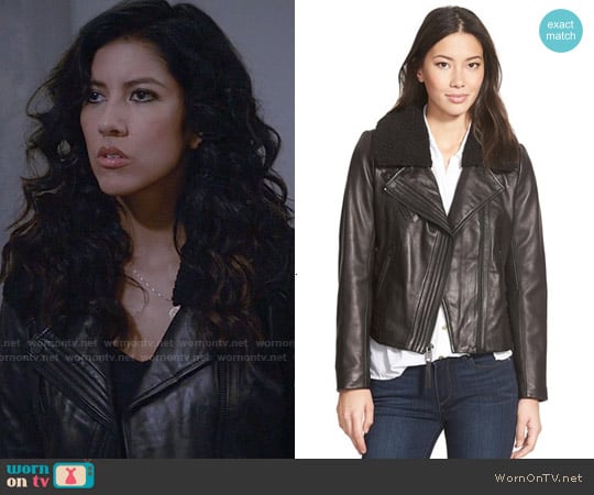 MICHAEL Michael Kors Leather Moto Jacket with Faux Shearling Collar worn by Rosa Diaz (Stephanie Beatriz) on Brooklyn Nine-Nine