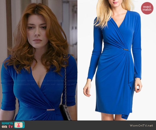 Michael by Michael Kors Faux Wrap Dress in Urban Blue worn by Elena Satine on Revenge