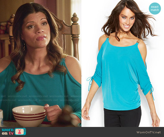 MICHAEL Michael Kors Chain Strap Cold Shoulder Top worn by Xiomara Villanueva (Andrea Navedo) on Jane the Virgin