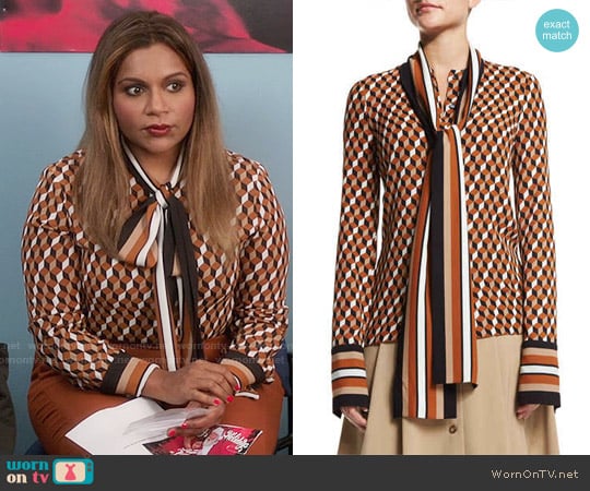 Michael Kors Geometric-Print Scarf Blouse worn by Mindy Lahiri (Mindy Kaling) on The Mindy Project