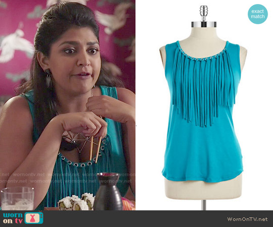 MICHAEL Michael Kors Fringe Top in Tile Blue worn by Patti (Punam Patel) on Kevin from Work