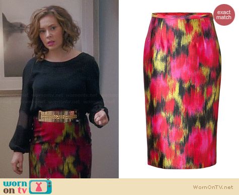 Michael Kors Wool-Silk Ikat Pencil Skirt worn by Alyssa Milano on Mistresses