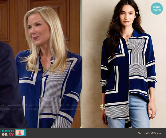 Anthropologie MiH Printed Silk Buttondown in Blue worn by Brooke Logan (Katherine Kelly Lang) on The Bold and the Beautiful