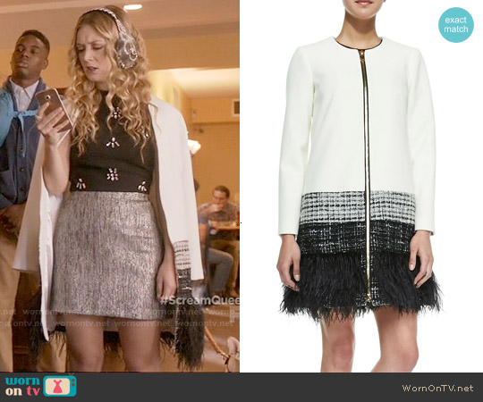 Milly Zip Front Feather Trim Jacket worn by Chanel #3 (Billie Lourd) on Scream Queens