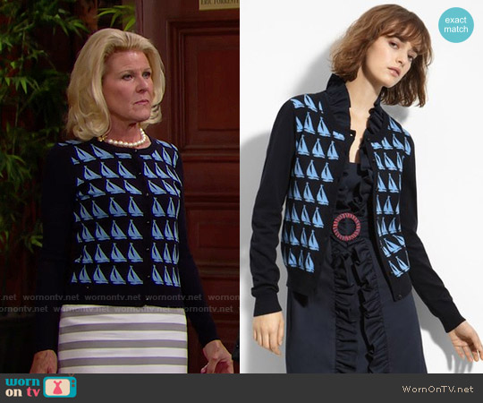 Milly Sailboat Jacquard Cardigan worn by Pamela Douglas (Alley Mills) on The Bold and the Beautiful