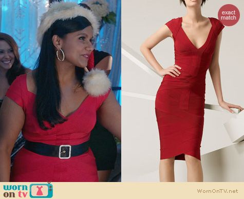 The Mindy Project Fashion: Herve Leger Angled Bandage Dress in Red worn by Mindy Kaling