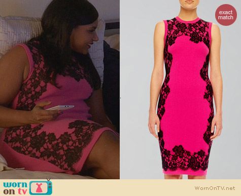 Mindy Kaling Fashion: Michael Kors Pink and Black Lace Print Cashmere Dress worn on The Mindy Project