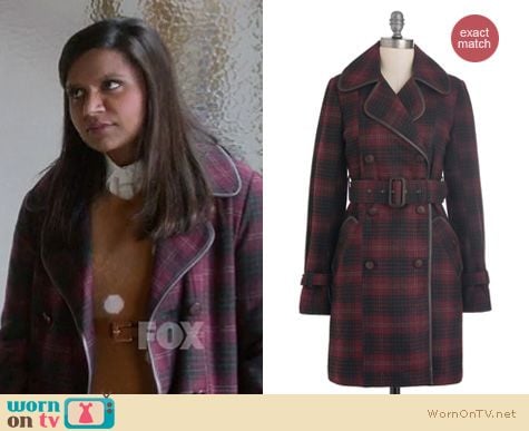 The Mindy Project Fashion: BB Dakota via Modcloth 'Maroon of One's Own Coat' worn by Mindy Kaling