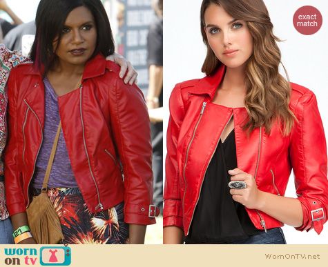 The Mindy Project Fashion: Bebe red leatherette jacket worn by Mindy Kaling