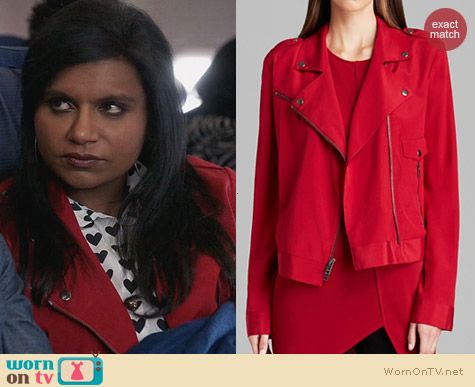 The Mindy Project Fashion: DKNY Silk Moto Jacket worn by Mindy Kaling