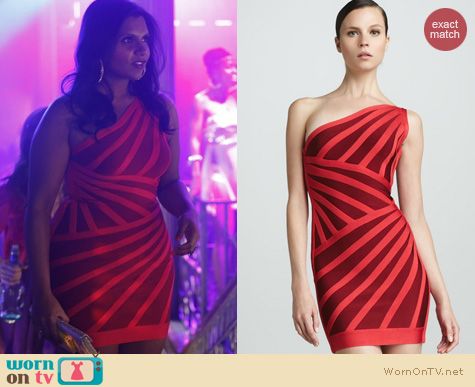 The Mindy Project Fashion: Herve Leger One Shoulder Two Tone Stripe dress worn by Mindy Kaling