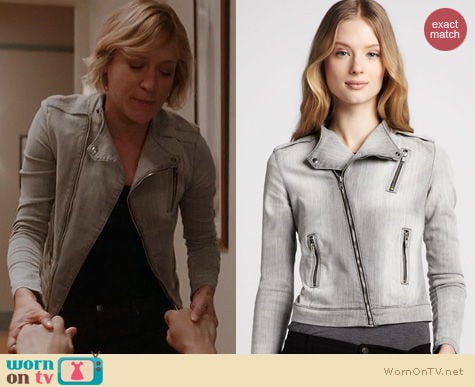 The Mindy Project Fashion: J Brand Grey Denim moto jacket worn by Chloe Sevigny