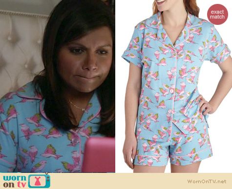 Mindy Project Fashion: Modcloths With Dreams to Sparrow pajama set by Bedhead worn by Mindy Kaling