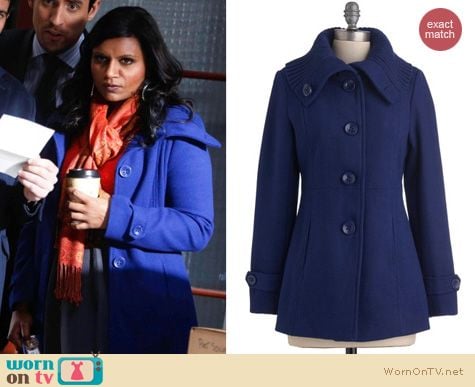 Mindy Project Fashion: Blue ModCloth coat worn by Mindy Kaling