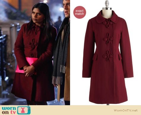 The Mindy Project Fashion: ModCloth Voyage to Vienna burgundy coat worn by Mindy Kaling