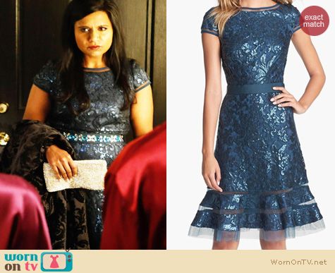 The Mindy Project Fashion: Tadashi Shoji Embellished Lace Fit & Flare Dress worn by Mindy Kaling