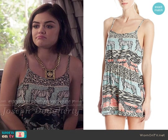 MinkPink Animal Stripe Romper worn by Aria Montgomery (Lucy Hale) on Pretty Little Liars