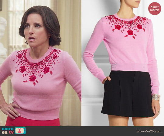 Miu Miu Pink Embellished Cashmere Sweater worn by Selina Meyer (Julia Louis-Dreyfus) on Veep